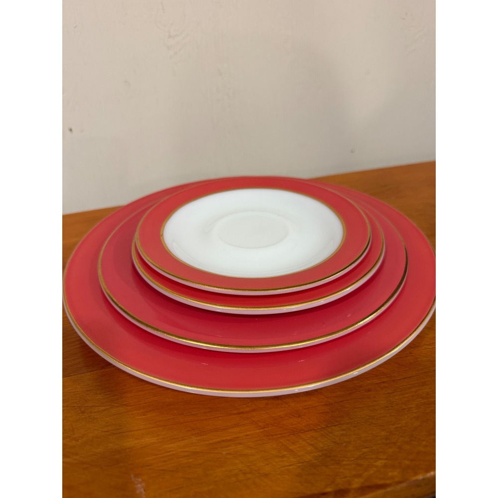 Vintage Pyrex Red Rim Gold Trim Milk Glass Dinnerware Set 4 Piece Place Setting